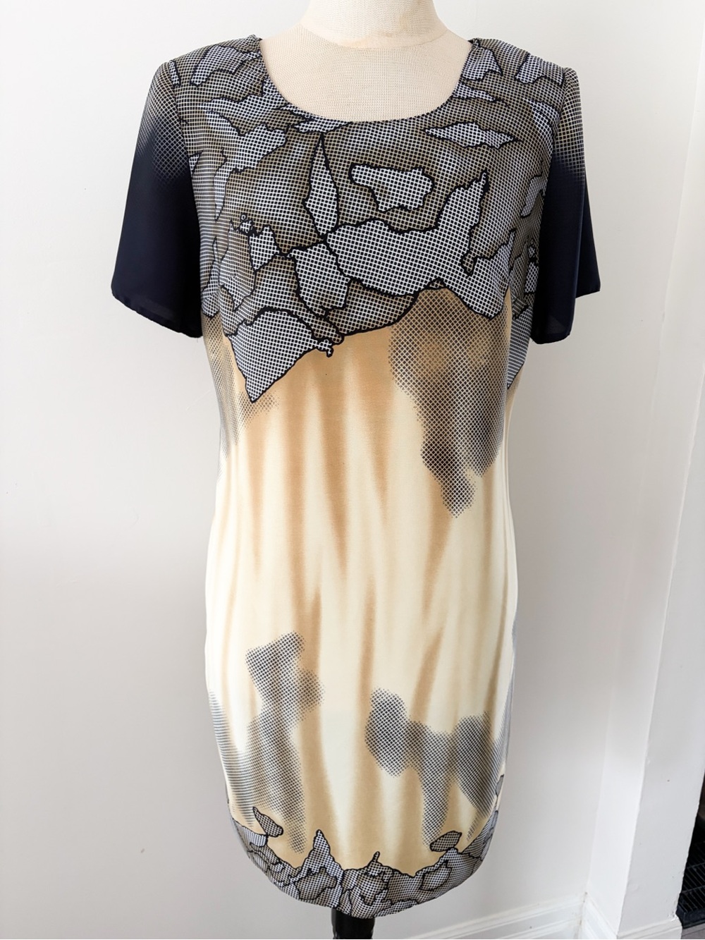 Vintage AGMIR Short Sleeve Dress Navy Blue and Yellow, Size M - Made in Europe